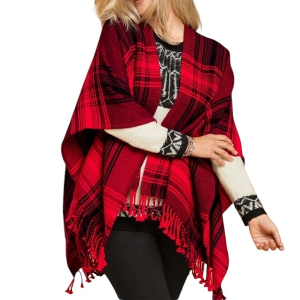 Talbots red black plaid shrug poncho reversible